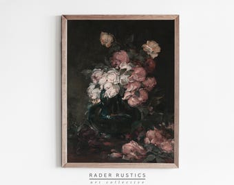 Framed Still Life Canvas | Dark Moody Vintage Flower Vase | Wall Art Print | F092