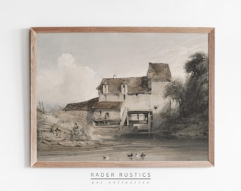 Pintura de acuarela vintage enmarcada / Lienzo rústico neutro para pared / L614