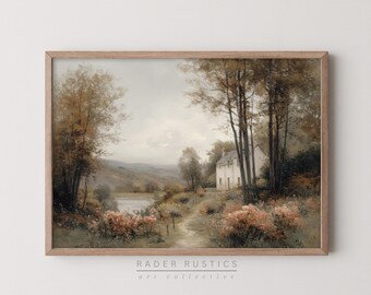 Country Cottage In Autumn Landscape Canvas Framed | Vintage Style Living Room Decor | Fall Wall Art Print | P023