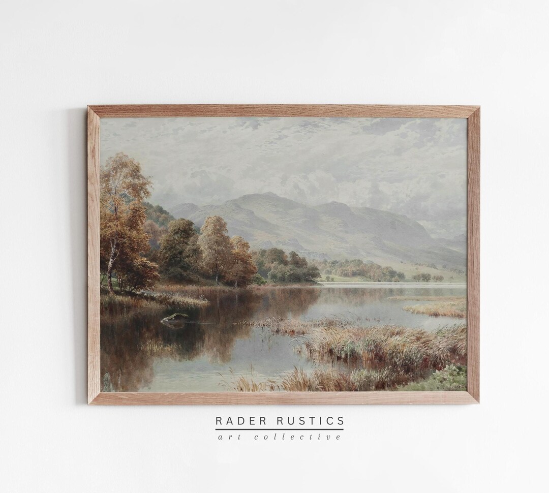 Framed Neutral Mountain Canvas | Vintage Lake Landscape Painting | Wall ...