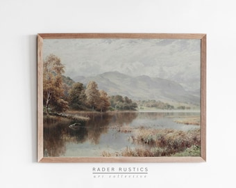 Framed Neutral Mountain Canvas | Vintage Lake Landscape Painting | Wall Art Prints | M047