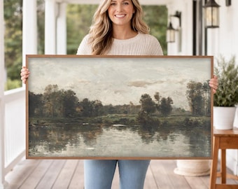Framed Panoramic Landscape Painting | Country Lake Wall Art Canvas Print | L501