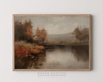 Autumn Lake Abstract Wall Art Framed | Vintage Style Fall Painting | Rustic Modern Print For Living Room Decor | Moody Canvas | P032