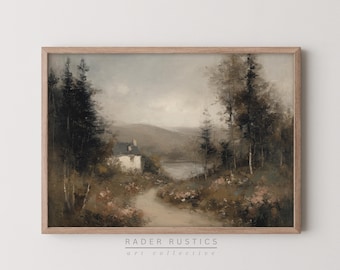 Moody Cottage Landscape Canvas Framed | Vintage Style Wall Art Prints For Living Room Decor | P024