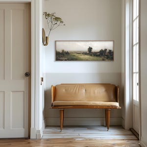 Vintage Meadow Landscape Art | Green Farm Fields | Framed Canvas | Panoramic Above Bed Art | L130