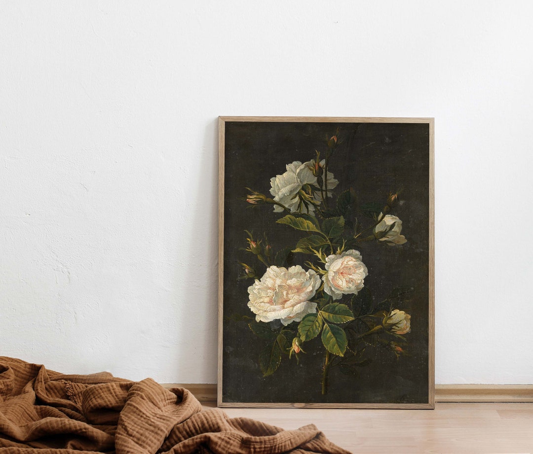 Moody Black Roses Still Life Vintage Floral Oil Painting Framed Canvas ...