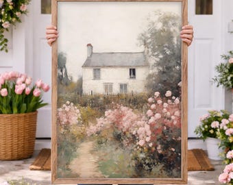 Framed Spring Landscape Canvas | Country Cottage With Flowers | Pink Wall Art | N002