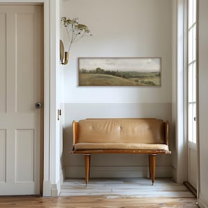 Vintage Country Hillside Art | Framed Canvas  | Panoramic Above Bed Art | Minimalist Green Living Room Art | L195