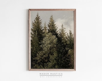 Pine Trees Print | Vintage Landscape Painting | Framed Canvas | Cabin Wall Art | L176