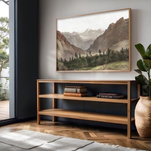 Mountain Landscape Wall Art | Vintage Wall Art Painting | Forest Pine Trees | Framed Canvas | Rustic Living Room Decor | L609