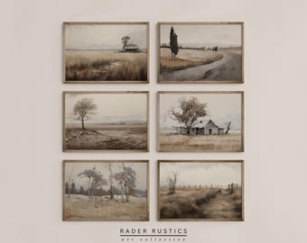 Neutral Landscape Prints | Vintage Inspired Moody Earth Tone Country Scenery | Canvas Prints