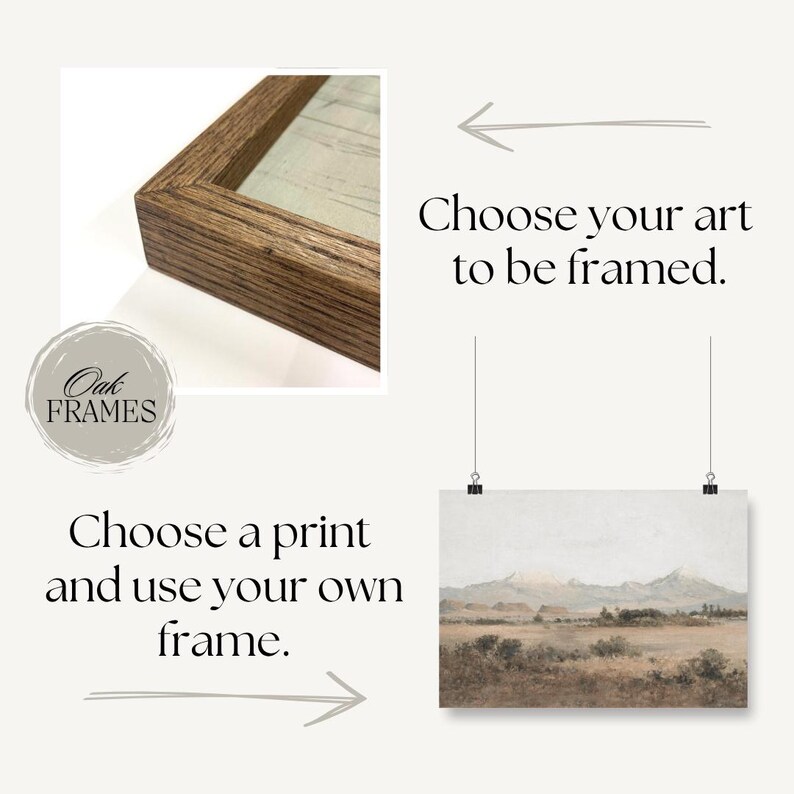 The image is a step-by-step guide on how to create a framed artwork. It shows a close-up of a wooden frame, a blank canvas, and a landscape painting. The text instructs the viewer to choose their art to be framed, select a print, and use their own frame to create a custom piece of art.