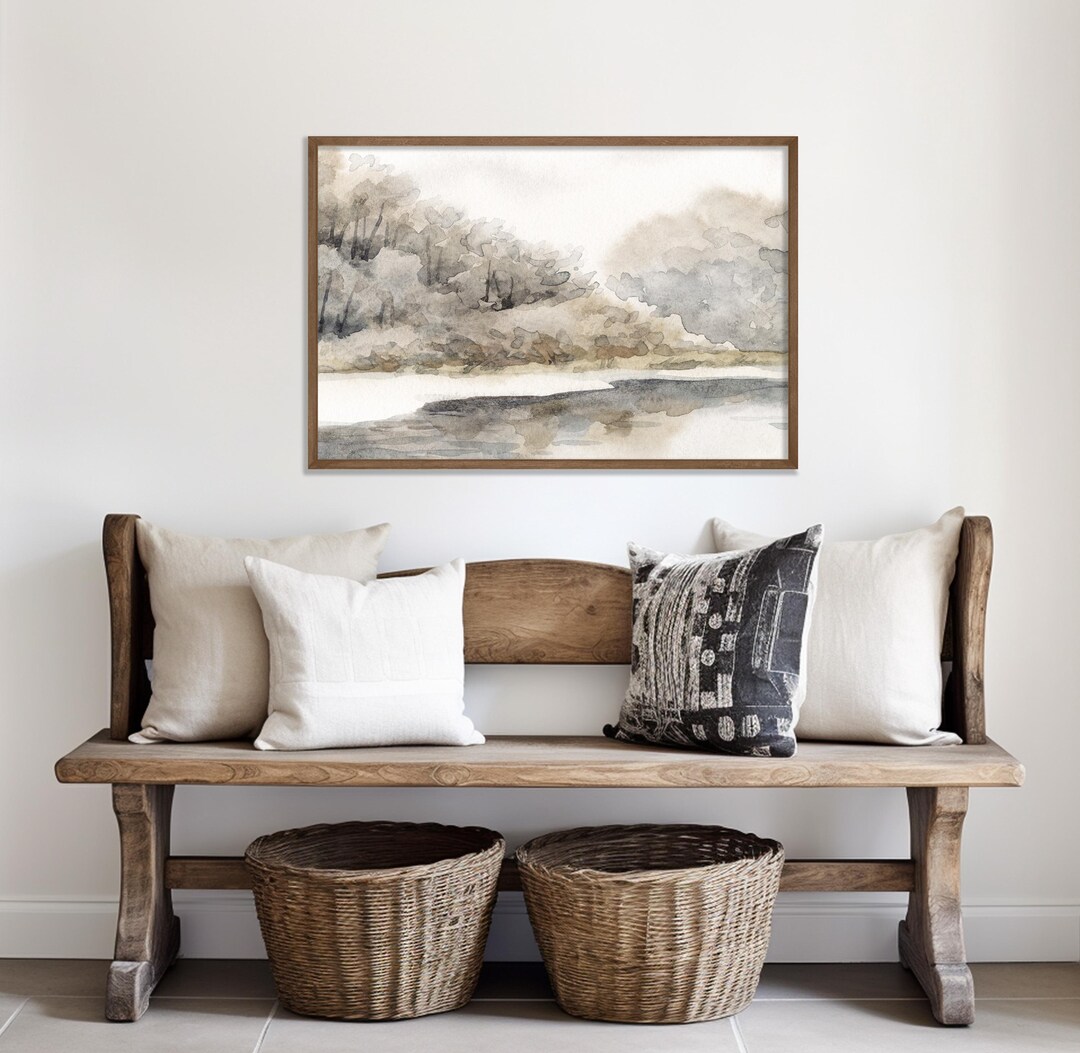 Riverside Watercolor Print | Snowy Forest Painting | Neutral Living ...