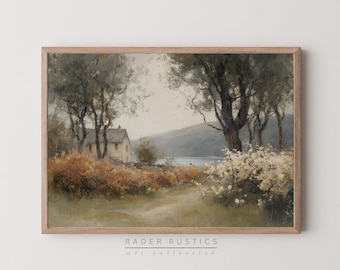 Framed Autumn Landscape Canvas | Fall Wall Art Prints | Country Lake Cottage Painting | P026