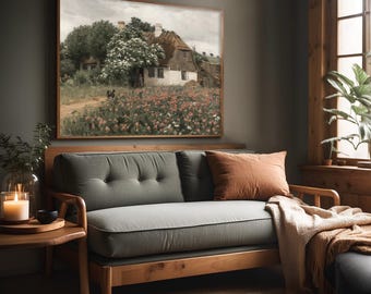 Country Cottage Art Wall Art | French Country Oil Landscape Painting | Extra Large Framed Canvas | Spring Flower Garden | L582