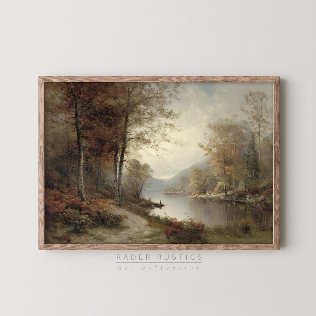 Autumn Lake Framed Canvas | Vintage Style Fall Landscape Wall Art Print ...