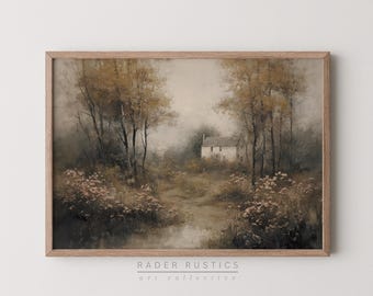Moody Autumn Cottage Canvas | Vintage Style Framed Canvas Wall Art Print | Fall Living Room Decor | P039