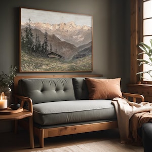 Mountain Landscape Wall Art | Vintage Painting Print | Rustic Living Room Decor | Framed Canvas | M084