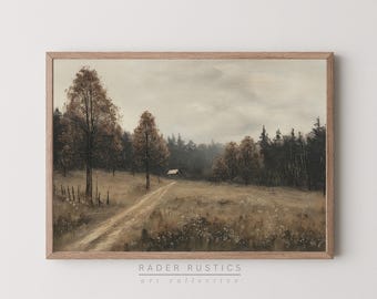 Moody Autumn Landscape Canvas | Vintage Style Framed Wall Art | Rustic Fall Living Room Print | P041
