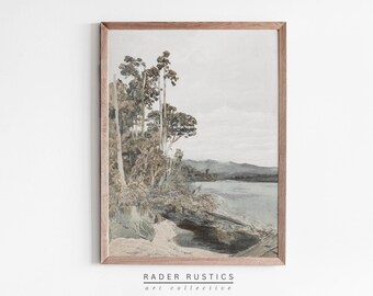 Vertical Lake Wall Art Framed | Vintage Landscape Canvas Print | L574