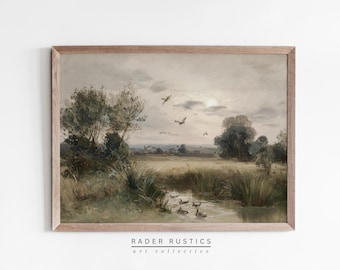 Country Farmhouse Landscape | Framed Canvas And Print | Living Room Home Decor | Neutral Duck Pond Wall Art | P008