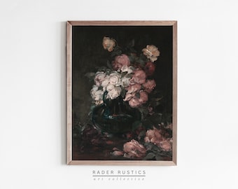 Framed Still Life Canvas | Dark Moody Vintage Flower Vase | Wall Art Print | F092