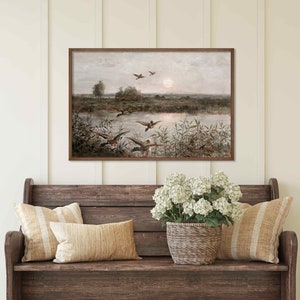 Ducks Flying Over A Pond | Vintage Landscape Painting | Framed Canvas Print | L464