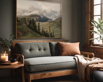 Mountain Landscape Print Framed | Vintage Landscape Painting | Extra Large Framed Canvas | Rustic Living Room Wall Art | M111