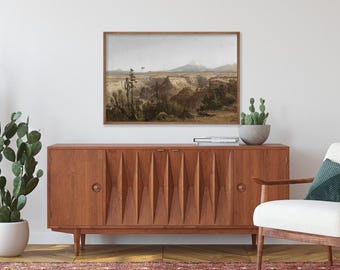 Desert Landscape Wall Art | Vintage Mexico Mountains Painting | Framed Canvas | Rustic Living Wall Art | D012