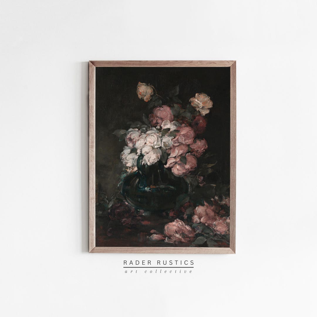 Framed Still Life Canvas | Dark Moody Vintage Flower Vase | Wall Art ...