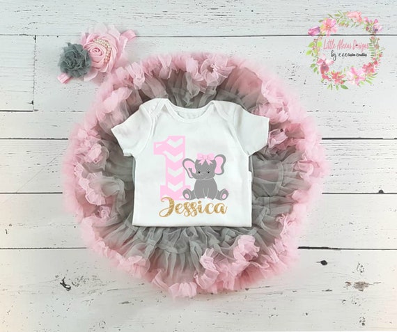 Elephant 1st Birthday Girl Outfit Pink And Grey 1st Birthday Etsy