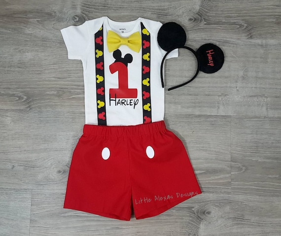 Mickey Mouse First Birthday Outfit Boy Suspenders Bow Tie Etsy