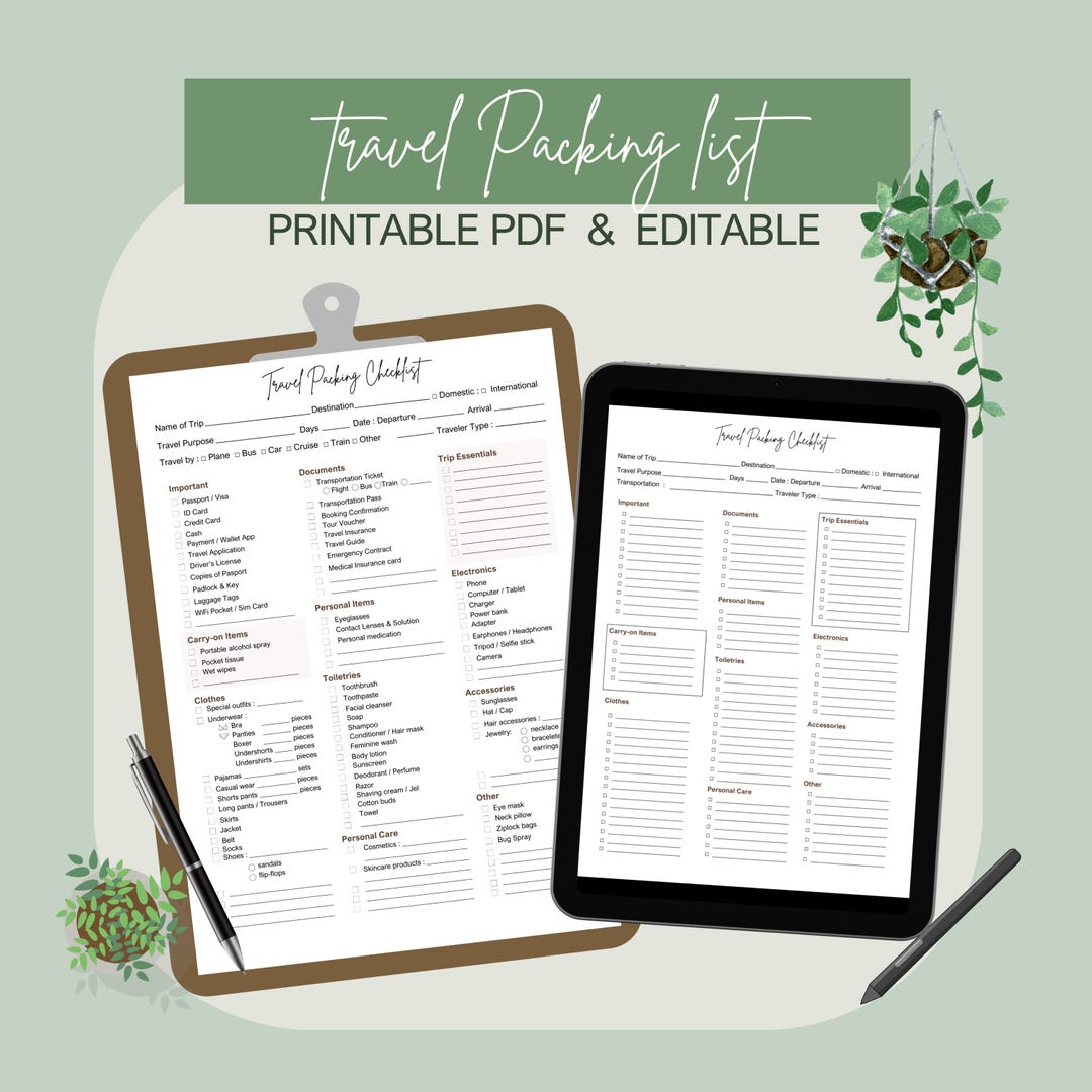Travel Packing Checklist, Printable & Editable, PDF File. Easy-to-use ...