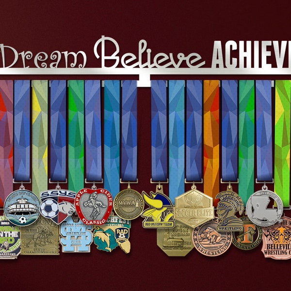 Dream Believe Achieve Medal Hanger, Inspirational Medal Display Holder for Athlete, Motivational Gift