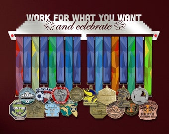 Work For What You Want & Celebrate Medal Hangers Holder Display Rack, Personalized with Motivational Quotes, Home Décor Gift for