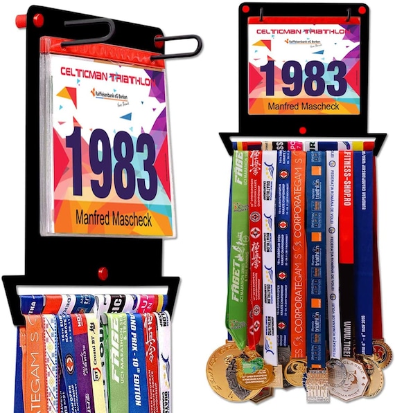 Medal Hanger for Runners Race Bib Holder Medal Rack Complete Bundle Steel  Medal Holder Bib Hanger for 40 Medals & 100 Running Bibs 