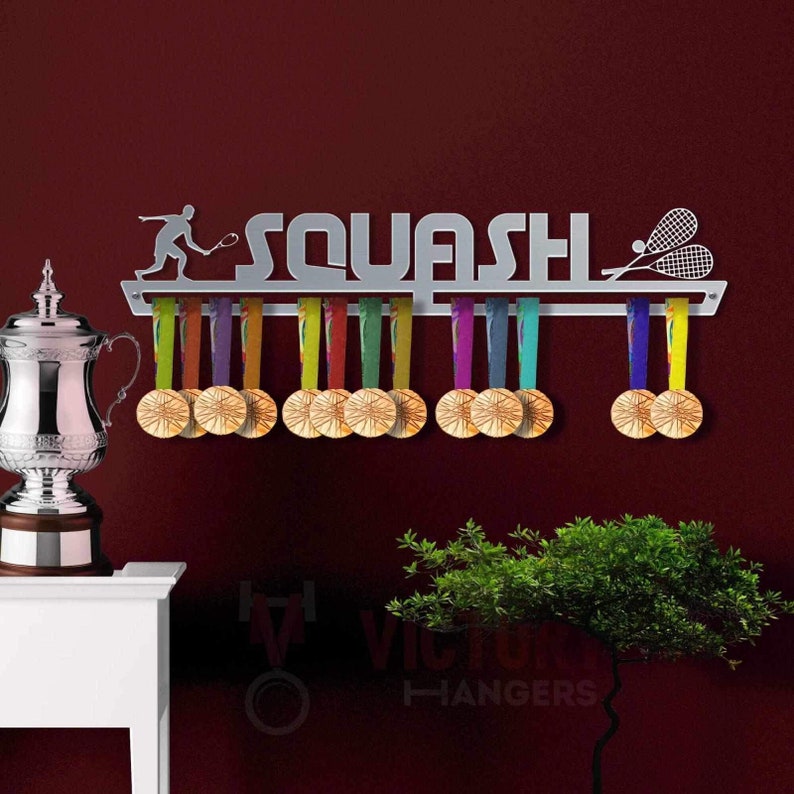 Stylish Squash Medal Hanger Display Wall Decor Customized Medal Holder Rack Racquet Sport Gift Brushed Steel