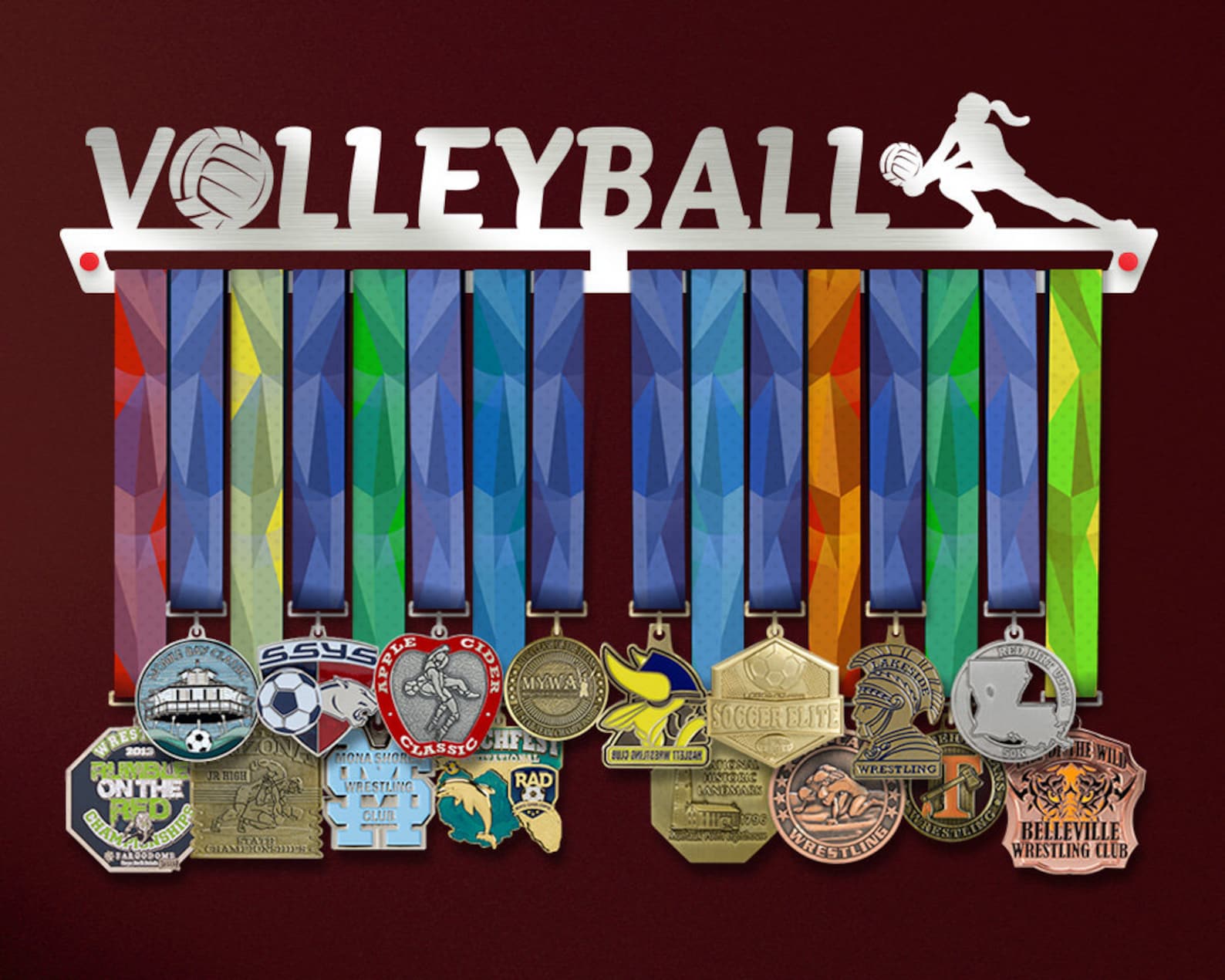FEMALE Volleyball Medal Hanger Display Brushed Steel Sturdy Volleyball