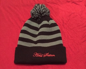 Hail Satan -  Black Grey Striped Beanie Cap Hat Winter Skiing Hat w/Pom Pom Adult Size Red Script