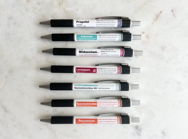 Propofol Pen (Inspired) | Funny Nurse Gift | Label Inspired | Ketamine Pen | Lorazepam Pen |RRT| Respiratory Therapist | Vet Tech Pen Pack - All 8 pens