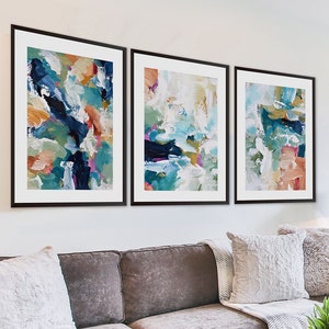 SET OF 3 Framed Art Abstract Print Wall Art, Large Wall Art, Blue ...