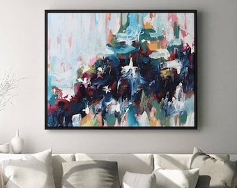 Blue Vivid Print on Canvas. Large Abstract Modern Print. Canvas Print. Giclee Print Canvas Art. Original Wall Art. Large Framed Canvas.