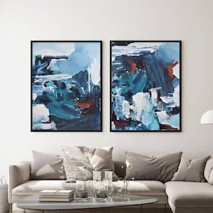 Large Set Of 2 Abstract Canvas Art Print, Original Blue Skies Abstract Canvas Set Of Two Wall Art Prints, Blue Canvas Art