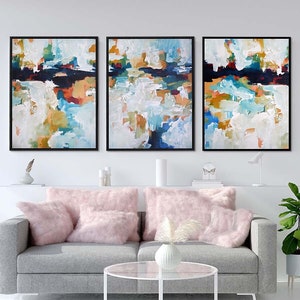 Large Canvas Set of 3 Abstract Canvas Prints, Blue Estuaries Print from Painting, Living Room Wall Art, Set Of 2 Prints, Framed Paintings