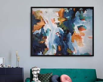 Modern Blue Abstract Art Print on canvas. Orange & White Home Decor. Giclee Print Canvas Art. Large Wall Art. Large Framed Abstract Canvas.