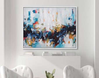 Abstract Canvas Print, Bright Colours Colourful Wall Print, Blue & White Wall Art, Living Room Decor, Large Framed Modern Abstract Canvas