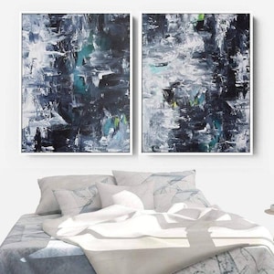 Large Set Of 2 Abstract Canvas Art Print, Grey Abstract Original Canvas Set Of Two Wall Art Prints, Blue Canvas Art