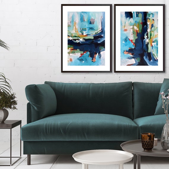 Set Of 2 Framed Art Prints Abstract Wall Art Large Wall Art Blue Abstract Print Large Abstract Art Print From Painting Living Room Art