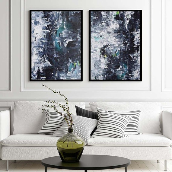 Large Set of 2 Abstract Canvas Art Print, Grey Abstract Original