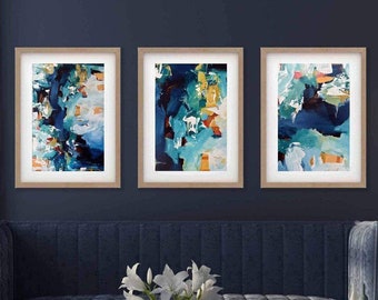 Large Abstract Print Set, Set Of 3 Prints, Turquoise Waters, Contemporary Art Prints Set, Blue Wall Decor, Framed Art Prints